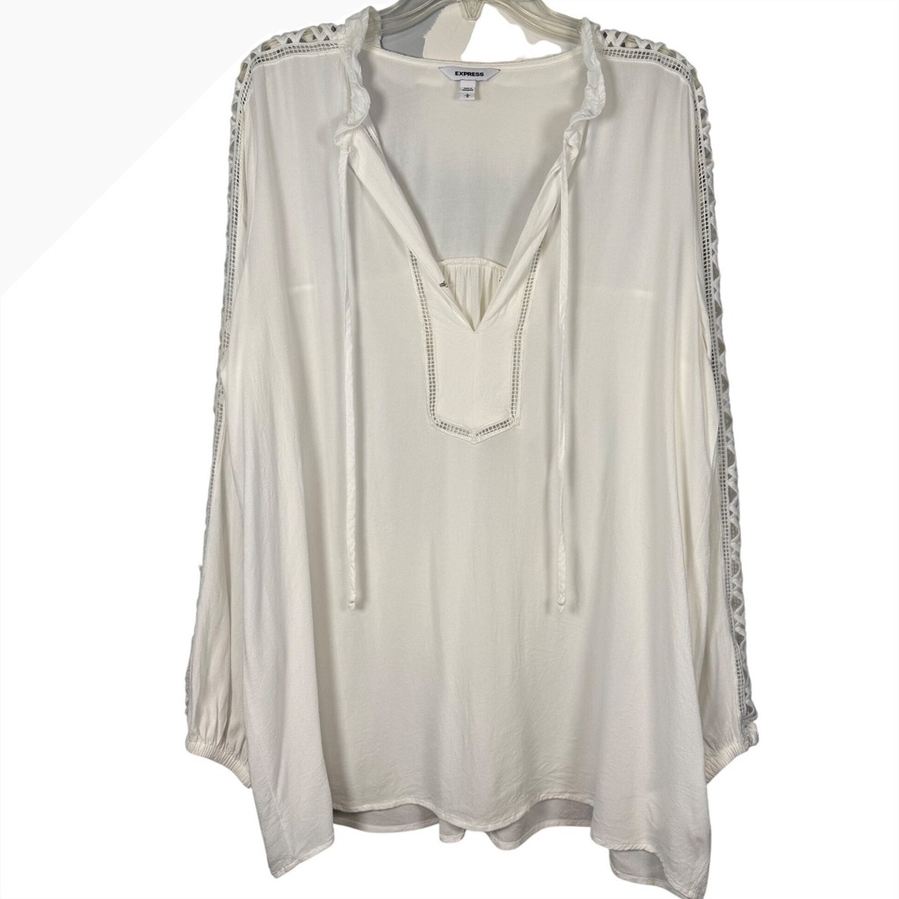 EXPRESS Peasant Blouse Delicate Crochet Lace Insets Sleeves, White Size Large